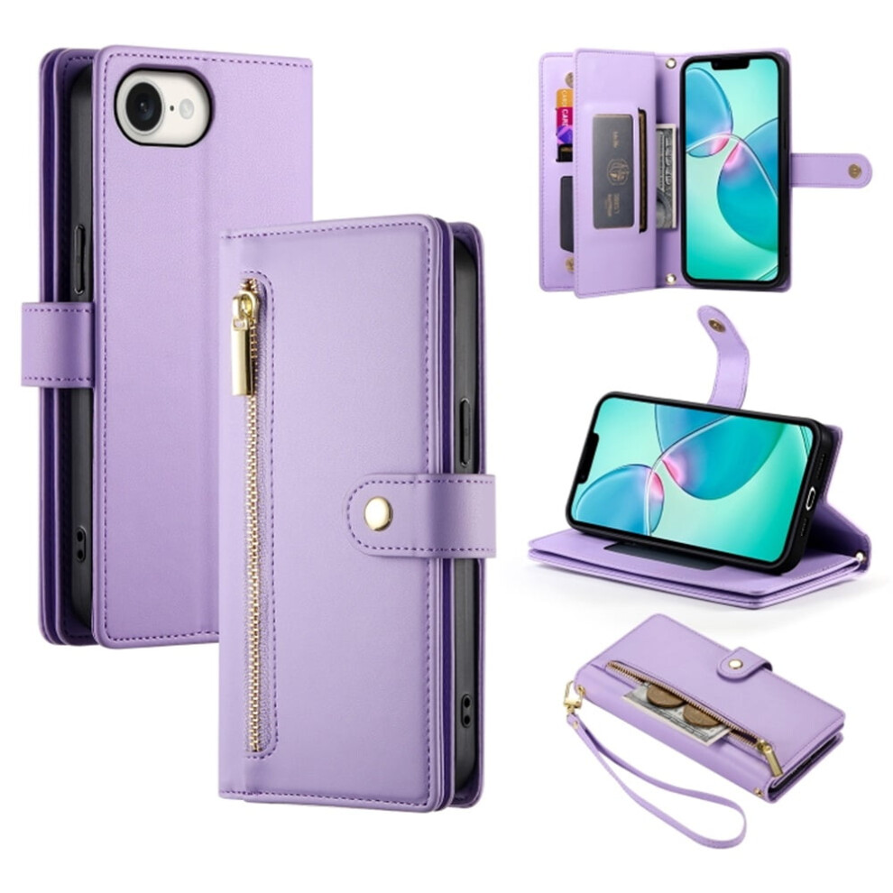 Leather Wallet Case For Iphone 16E (6.1") Â Multi-Card Slots, Zipper Pocket, Lanyard Strap, Wristlet Â Compatible With Iphone 16E Purple 9327961746022