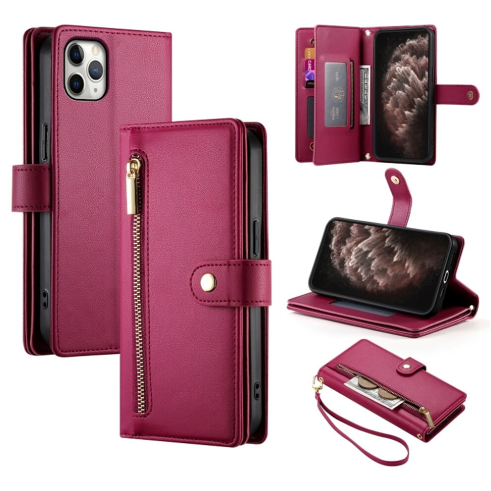 Leather Wallet Case For Iphone 11 Pro MaxâMulti-Card Slots, Zipper Pocket, Lanyard Strap, WristletâCompatible With Iphone 11 Pro Max Red 9193271103752