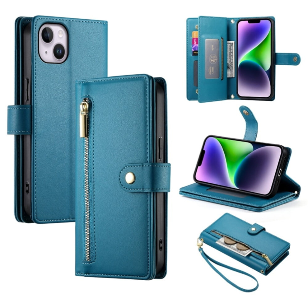 Leather Wallet Case For Iphone 14 Plus (6.7") Â Multi-Card Slots, Zipper Pocket, Lanyard Strap, Wristlet Â Compatible With Iphone 14 Plus Blue 9327961747753