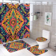 Bohemian 4-Pc Shower Curtain Set with Non-Slip Rug, Toilet Lid Cover & Bath Mat – Colorful Geometric, Waterproof & Durable