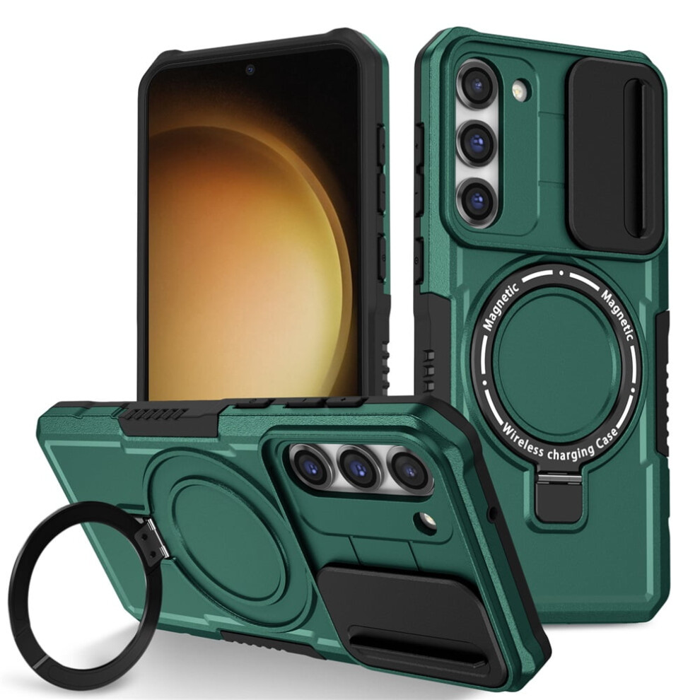 Shockproof Case For Samsung Galaxy S23 6.1" Â Sliding Camera Cover, Magsafe Compatible, Hidden Kickstand & Ring Holder, Deep Green 9353595661714