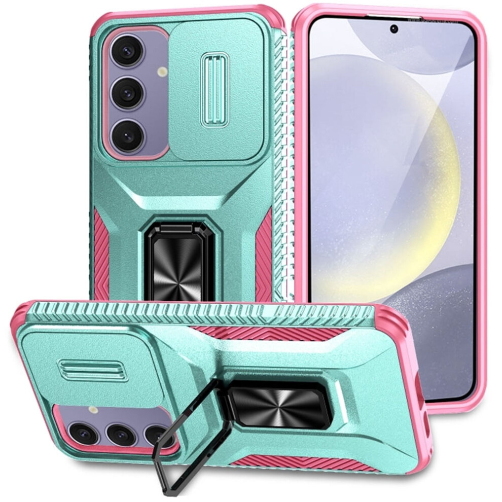 Slim Fit Shockproof Hybrid Case For Samsung Galaxy S24 Fe 5G – Military-Grade, Slide Camera Cover & Rotating Ring Kickstand, Grey Green Green,Grey 9353595657670