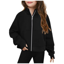 Girls Zip Up Fleece Jacket Fall Winter Sherpa Sweatshirts Warm Outwear Crop Coat with Pockets Black 5-6 Years