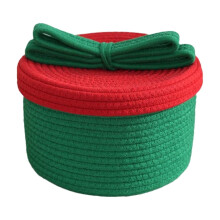 Round Woven Cotton Rope Christmas Storage Basket with Red Lid, 10"x7", Green – Compatible with Holiday Presents, Snacks & Party Supplies