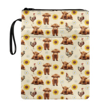Highland Cattle and Sunflowers Retro Book Sleeve Cover with Decorative Design Zipper Polyester Fabric Book Organzier Holder Washable