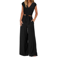 Completo estivo da donna 2025: top corto a maniche corte con scollo a V e cintura, pantaloni a gamba larga, tuta casual, nero, taglia M.
