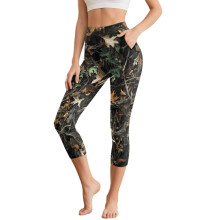 HELLHERO Camouflage Capri Leggings met Jachtprint voor Dames, Hoge Taille Yoga Leggings, Sportieve Workout Yoga Broek met Zakken, S