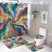 Värikäs Swirling4-osainen suihkuverhosetti liukumattomalla matolla, wc-kannen suojuksella ja kylpymatolla – Retro Circle Swirls, vedenpitävä ja