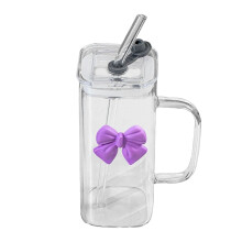 400ml vattenkopp i glas med rosett, handtag, sugrör och lock – transparent, alla hjärtans dag-present till henne och heminredning