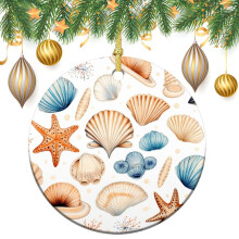 Maritieme kerstversiering met kustthema – Dubbelzijdige keramische kerstboomdecoratie met aquarelprint van strand en schelpen, geschikt voor