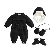Macacão infantil unissex de inverno com capuz e pezinhos, casaco acolchoado para bebês e crianças pequenas, preto, tamanho 18-24 meses.
