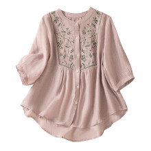 Camisas de lino para mujer Verano 2025 Retro Gasa bordada Blusas de manga 3/4 con cuello en V Elegantes, sueltas, casuales, estilo boho Blusas lindas