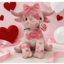 2 juguetes de peluche de vaca de las Tierras Altas rosas con lazo y rosa, 35 cm, muñecos de peluche suaves – Regalos de San Valentín, compatibles