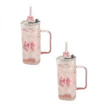 Rosa Schleifen-Glasbecher mit Deckel und Strohhalm, 414 ml Becher mit Henkel – Niedlicher Eiskaffee-/Smoothie-/Tee-/Boba-Becher,