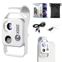 200x zoom HD-lommemikroskop med LED-lys, telefonlinsefeste for smarttelefon (svart)