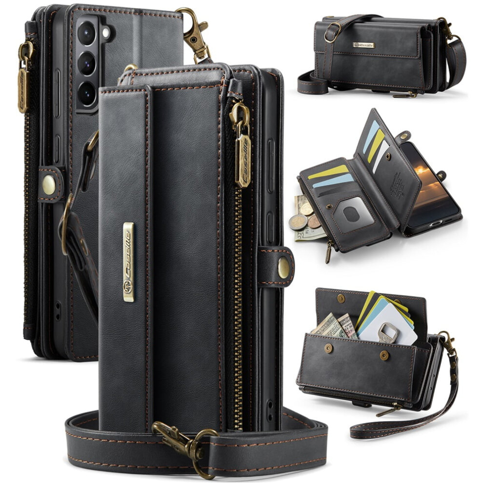 Caseme Wallet Case For Samsung Galaxy S21 5G: Rfid-Blocking Pu Leather, Kickstand, Wrist Strap, Zipper, Card Slots Â Black 9340959407392