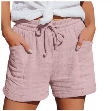 Shorts femininos leves, casuais, com cordão, confortáveis, cintura elástica, em algodão e linho, para o verão, com bolsos, rosa, tamanho P.