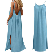 Vestidos de verão femininos, sem mangas, com costas abertas, estilo camisola, com fenda na barra, alças finas e modelagem fluida. Vestidos azuis