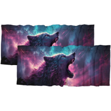 Rideaux de cuisine Wolf – Arbres de la forêt, faune sauvage, ciel étoilé, paysage forestier, intimité, passe-tringle décoratif, 137 x 46 cm, 2
