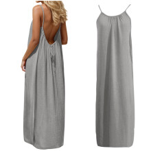 Vestido longo de verão feminino sem mangas com costas abertas, alças finas, modelo maxi, cinza, ideal para praia.