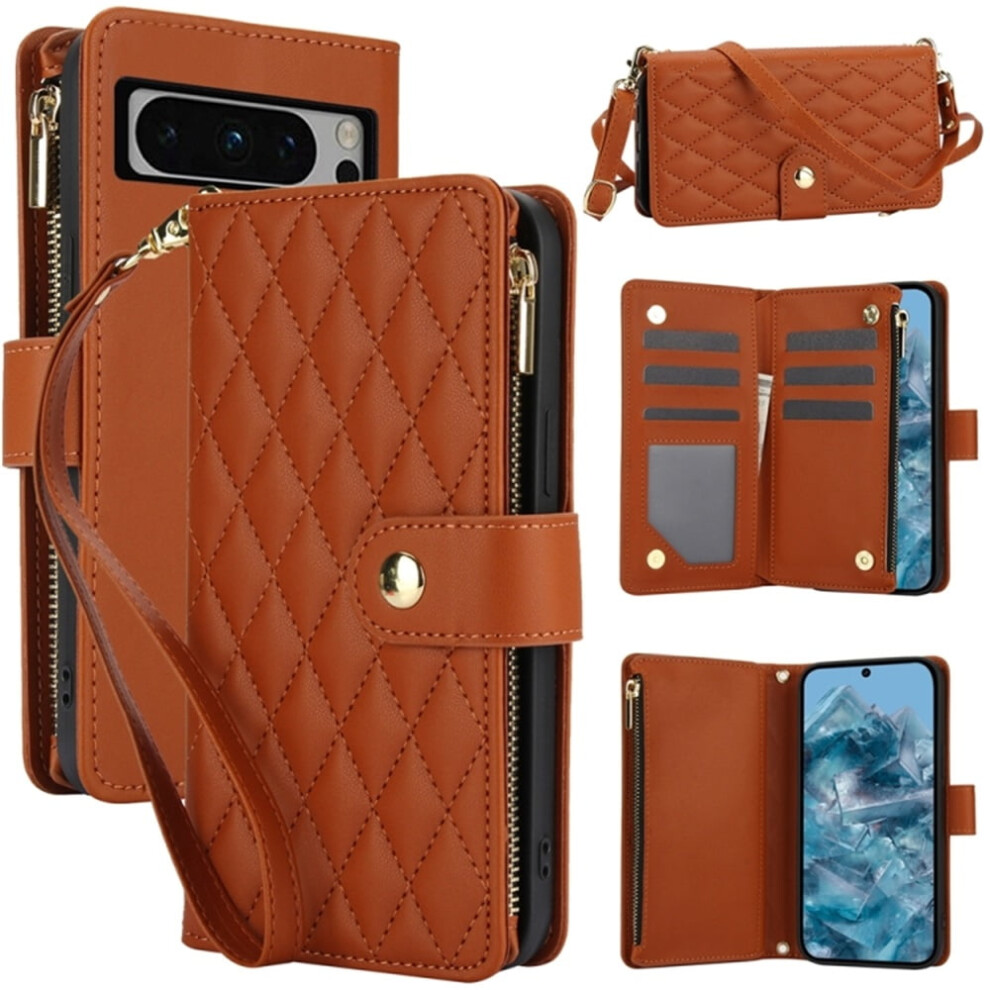 Rfid-Blocking Flip Wallet Case For Google Pixel 8 Pro Â With Card Slots, Kickstand, Wrist Strap & Zipper Brown 9340959410095