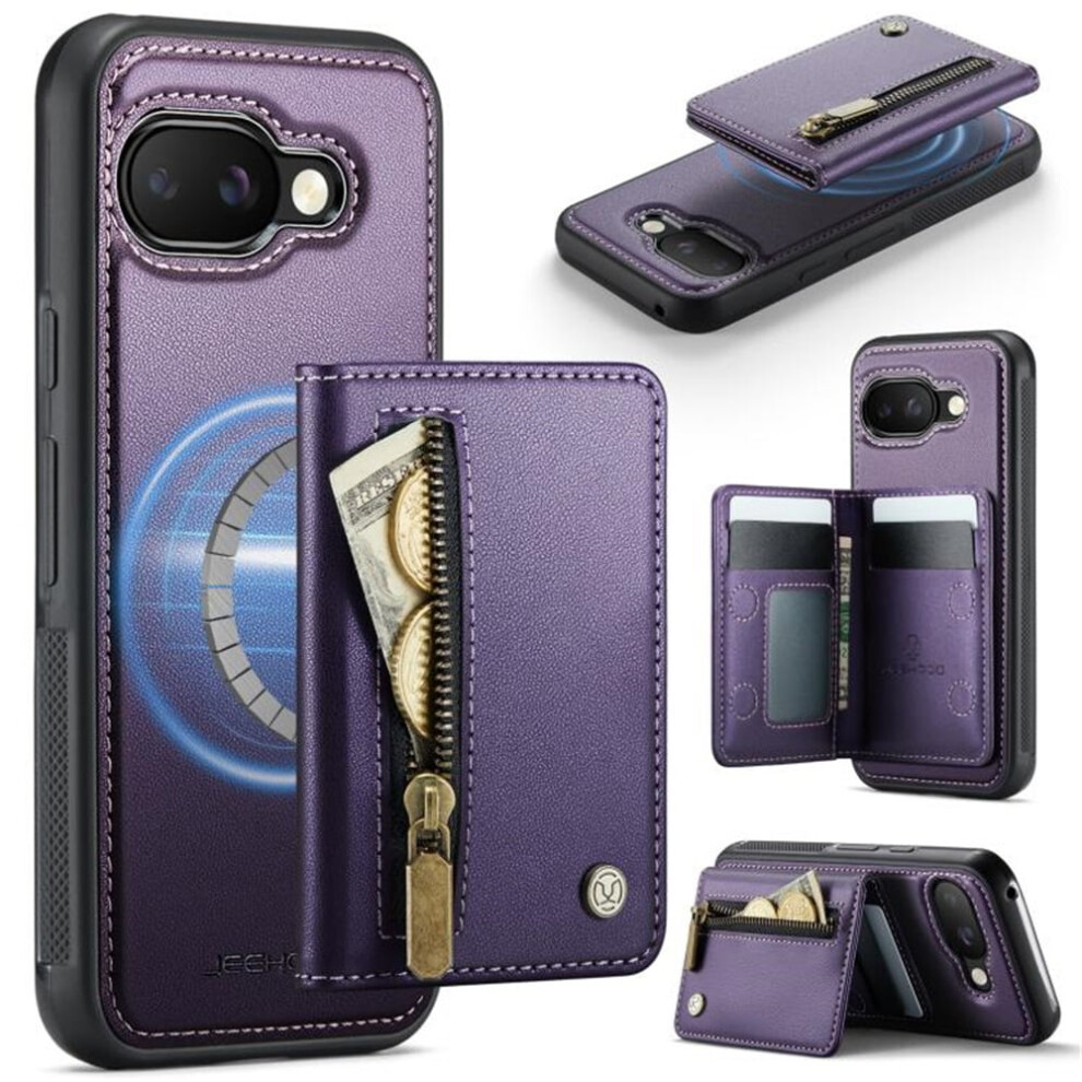 Pixel 9A Case Compatible With Magsafe: 2-In-1 Pu Leather Wallet With Rfid Blocking, Zipper Cash Pocket & Kickstand Â Purple 9340959410859