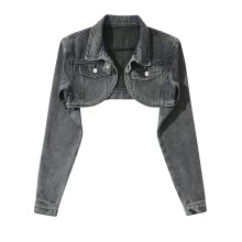 Giacca corta in denim da donna, maniche lunghe, senza cappuccio, design in stile americano, stile retrò Y2K, nylon elasticizzato, spandex, casual,