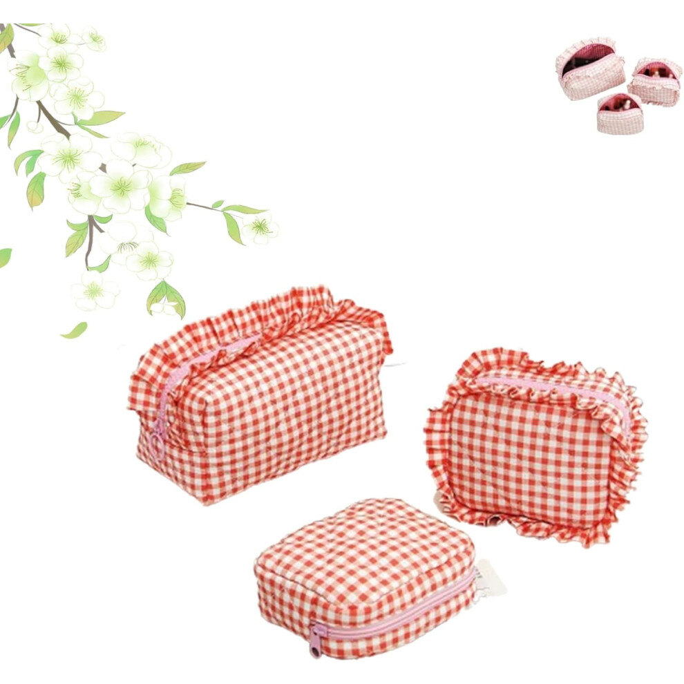 Blue/Purple/Red Ruffle Pouch Bag Set (3Pcs), Gingham & Quilted Ruffle Makeup/Toiletry Bags For Travel Â Compatible With All Standard Cosmetics