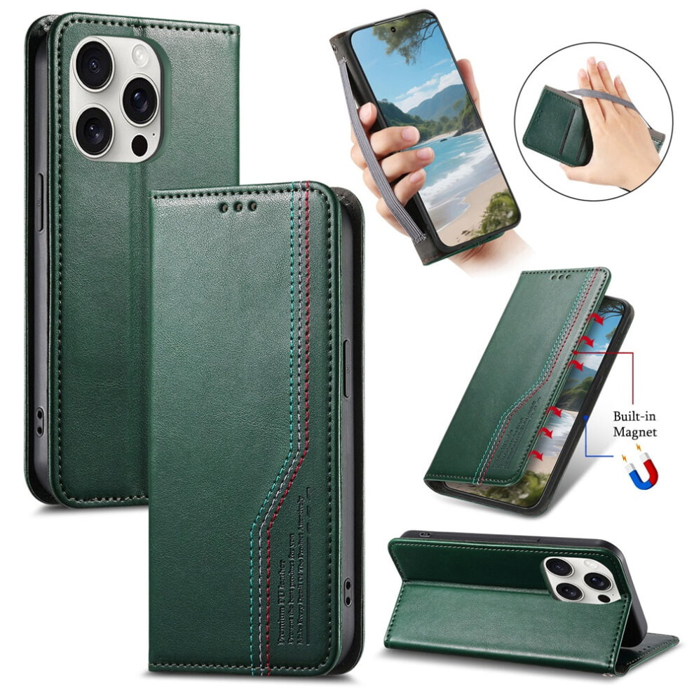 Leather Flip Wallet Case With Magnetic Suction & Wristband For Iphone 16 Pro 6.3-Inch Green 9193271107194