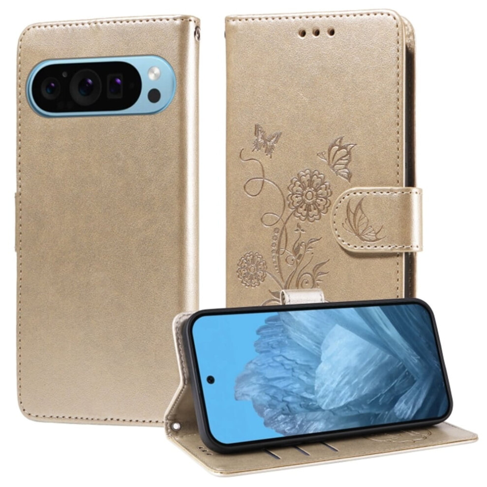 Google Pixel 9 Flip Case Embossed Butterfly Flower Gold 9122141664680