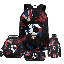 Set de ghiozdane școlare pentru copii, cu model de fotbal cu steag, geantă de prânz izolată, geantă cu creion, geantă pentru sticlă de apă,