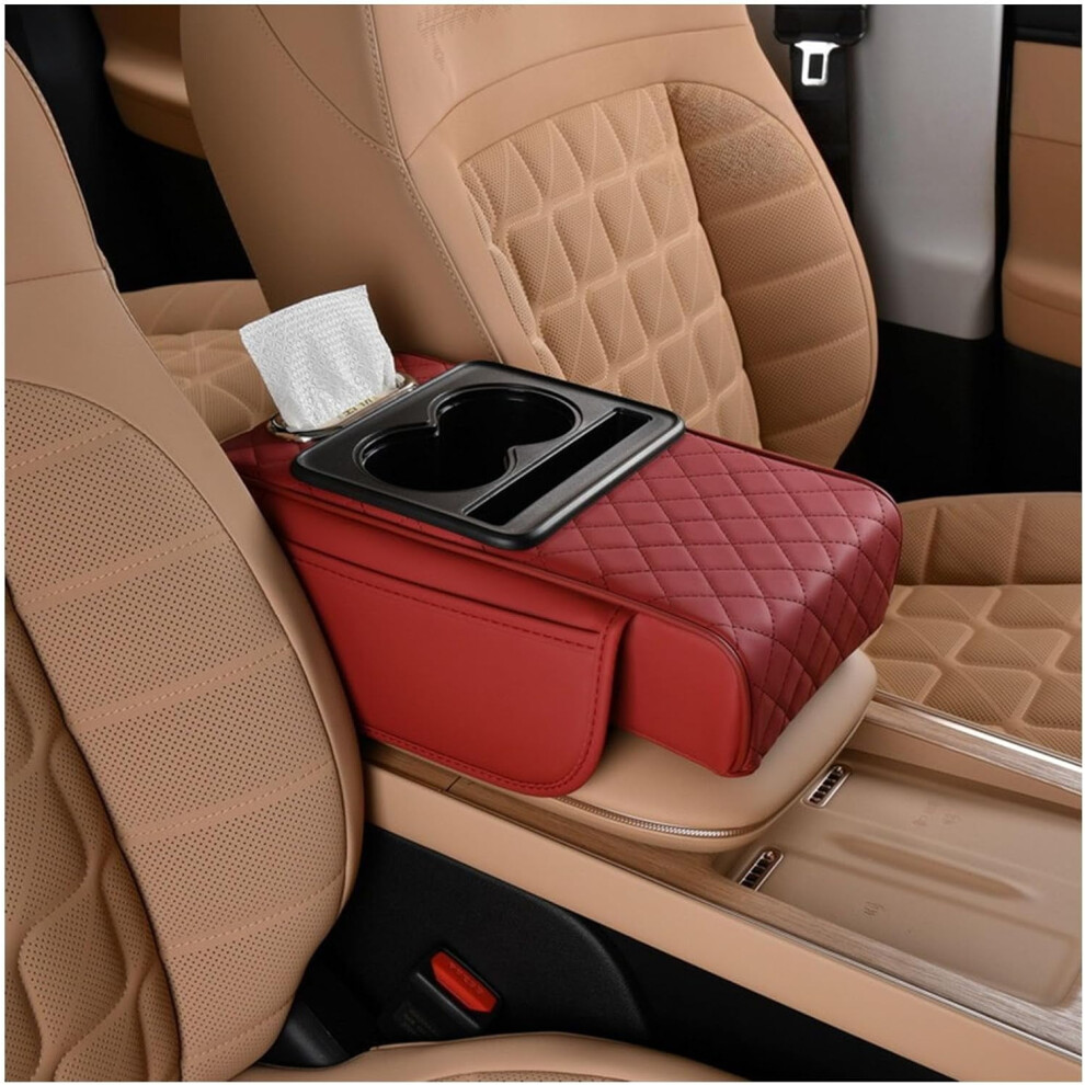 Multifunctional Pu Leather Car Armrest Box Mat | 5-In-1 Center Console Cover With Cup Holder, Tissue Box Slot, Phone Holder & Storage Bags 9193271106791