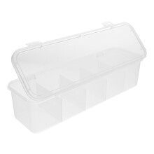 Recipiente compacto e transparente para saquinhos de chá com tampa, ideal para cozinha e escritório.