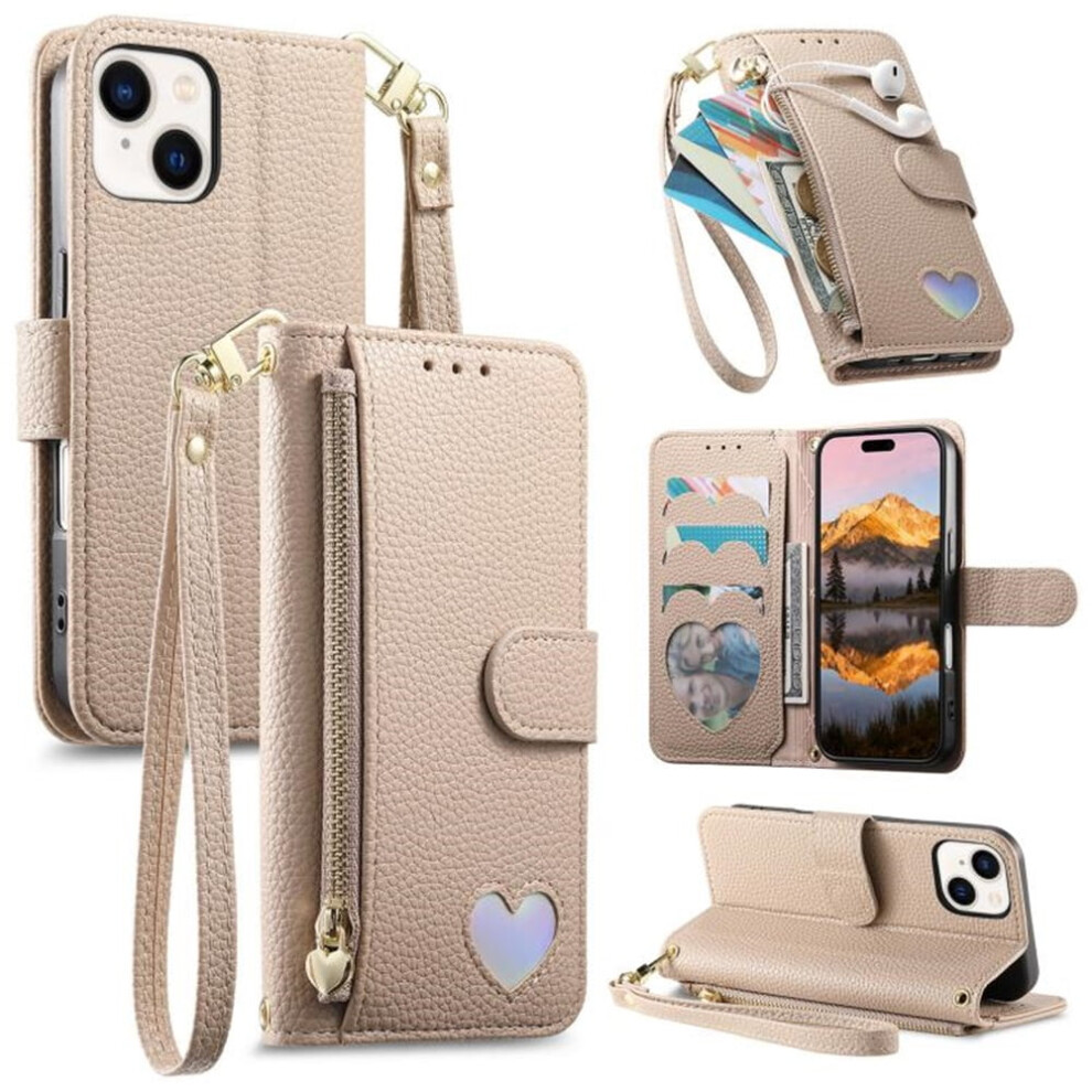 Iphone 15 Plus Leather Wallet Case With Heart Zipper, 9122141665328