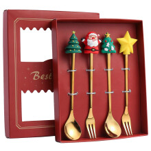 Golden Christmas Spoon & Fork Set (4pc): Small Tree Spoon, Old Man's Fork, Round Tree Spoon, Yellow Star Fork – Red Box, Compatible with Holiday