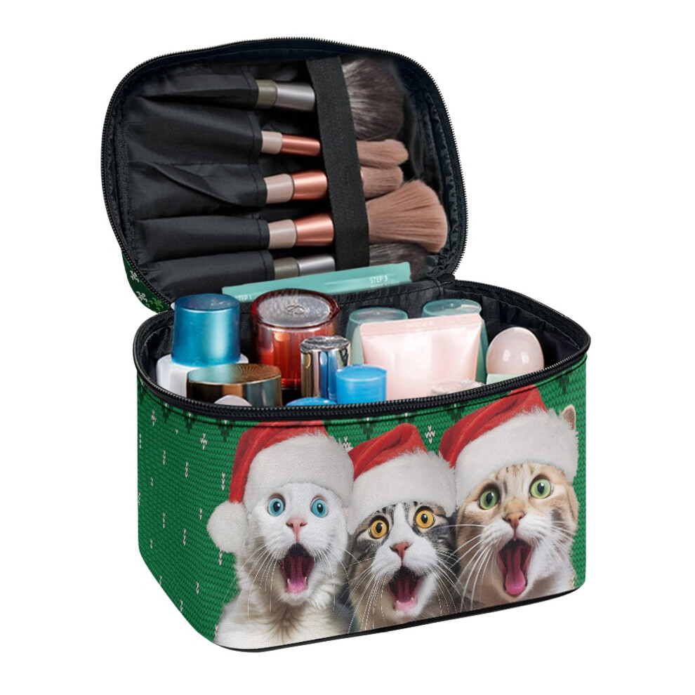 Travel Cosmetic Organizer with Brush Slots Double Zipper Christmas Cat Traveling