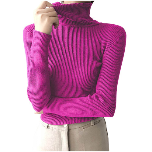 Women's Ribbed Turtleneck Sweater Long Sleeve Knitted Solid Basic Great Stretchy Slim Fit Tops