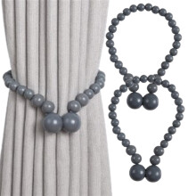 Magnetic Curtain Tiebacks 2 Pack – Wood Bead Design for Boho & Farmhouse Decor, Gray, Compatible with Standard Curtains