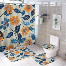 4-Pc Shower Curtain Set with Rug, Toilet Cover & U-Shaped Mat – Blue/Orange Floral, Waterproof, Durable; Compatible with Standard Showers