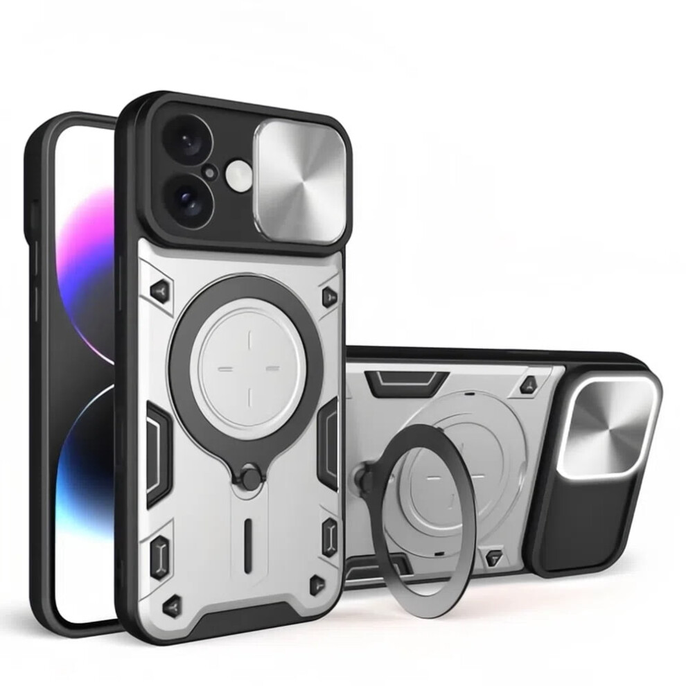 Heavy Duty Case For Iphone 16 Plus 6.7", Magnetic Car Mount, Sliding Lens Cover, Rugged Pc+Tpu Shockproof Case, Silver 9353595662803