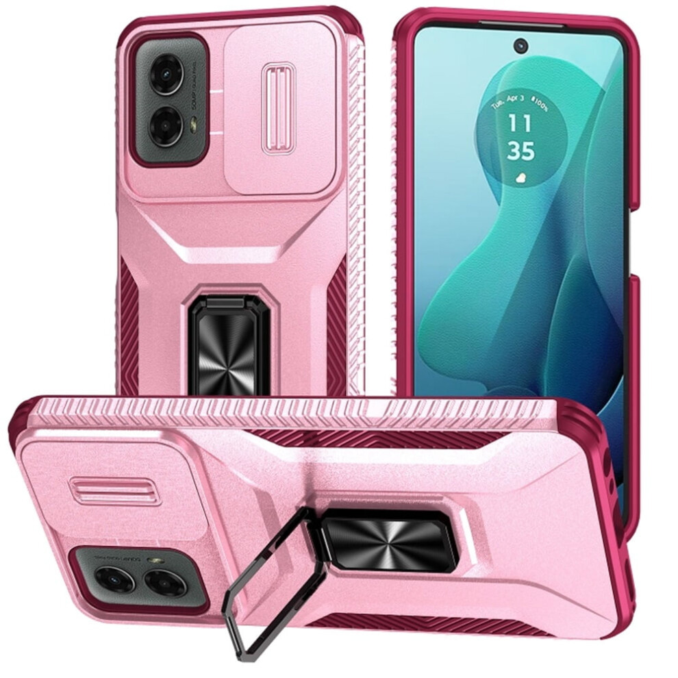 Slim Fit Shockproof Hybrid Case For Motorola Moto G 5G 2024 (6.6"), Â Slide Camera Cover & Rotated Ring Kickstand, Military-Grade, Compatible Pink 9353595663695