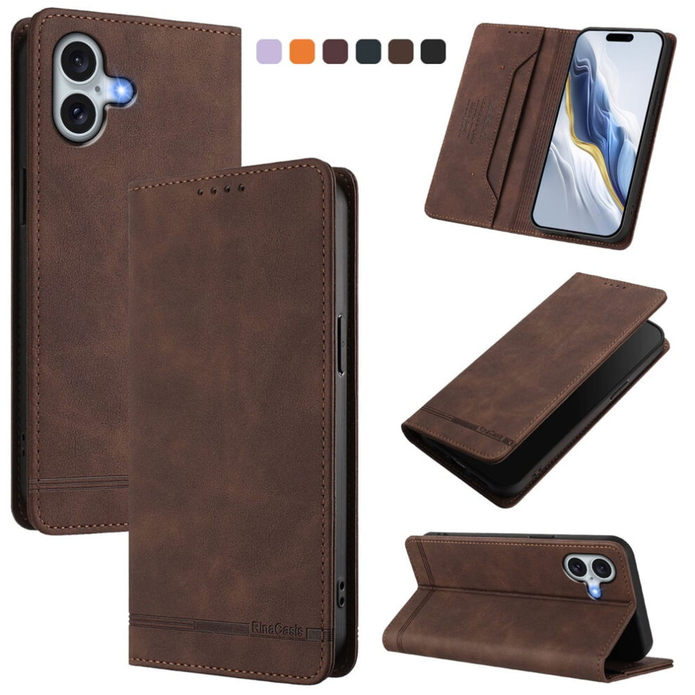 Magnetic Phone Case For Iphone 16 (6.1") Â Rfid Blocking, Card & Cash Slots, Kickstand, Shockproof Flip Folio, Brown 9353595665422