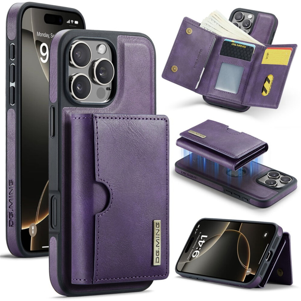 Dg.ming Magnetic Wallet Case For Iphone 16 Pro 6.3", Rfid Blocking, Card Slot, Detachable Leather Case Â Purple 9353595666009