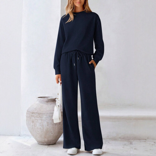 Women's Fall Solid Textured Drawstring 2-Piece Tracksuit Set Navy Blue S