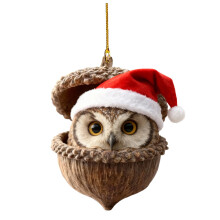 Ornamenti a forma di ghianda con animali del bosco, gufo personalizzato con pigna e cappello rosso, decorazione per albero di Natale a tema creature