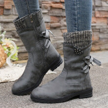 Willtoo Women's Snow Boots Winter Warm Round Toe Lace Up Boot Western Platform Cowboy Boots Hiking Booties Non Slip Outdoor Mid Calf Boots Shoes Gray