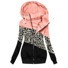 Dame Slim-fit hættetrøjer med farveblok, langærmet, lynlås, leopardprint, hættetrøje, afslappet cardigan, jakke, efterårstøj
