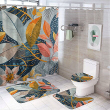 Conjunto de cortina de chuveiro de 4 peças com tapetes, folhas e flores cinza/laranja, tecido impermeável, decoração para banheiro –