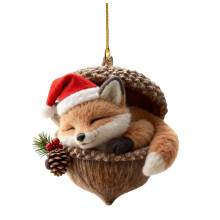 Waldtier-Eichel-Ornamente, passend für den Weihnachtsbaum – Fuchs, Tannenzapfen, roter Hut & rote Beere, Waldtier-Dekoration