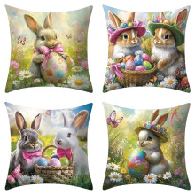 Capas de Almofada Decorativas de Páscoa 45x45cm com Estampa Floral de Coelhinho (Pacote com 4)